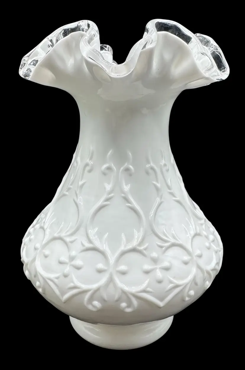 Vintage Fenton Vase Silver Crest Spanish Lace Milk Glass Ruffled Embossed 8”