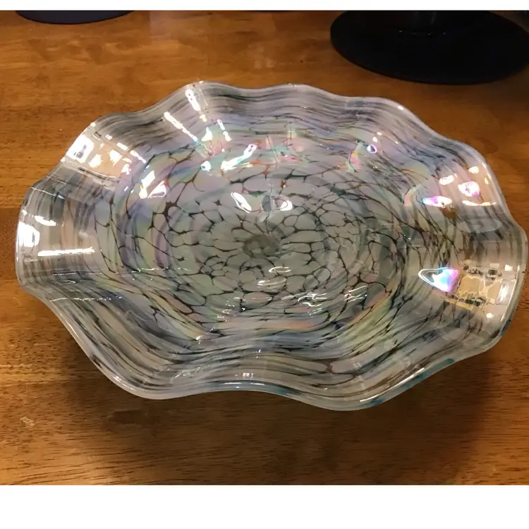 Fused Glass Dessert Cake Tray Stand Footed Iridescent White Crackle Design with Blue Accent Color