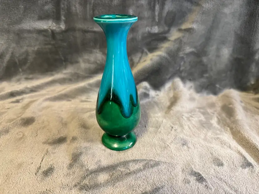 Vintage Hand Thrown Studio Art Hobbyist Pottery Vase Blue Green Drip Glaze Sign