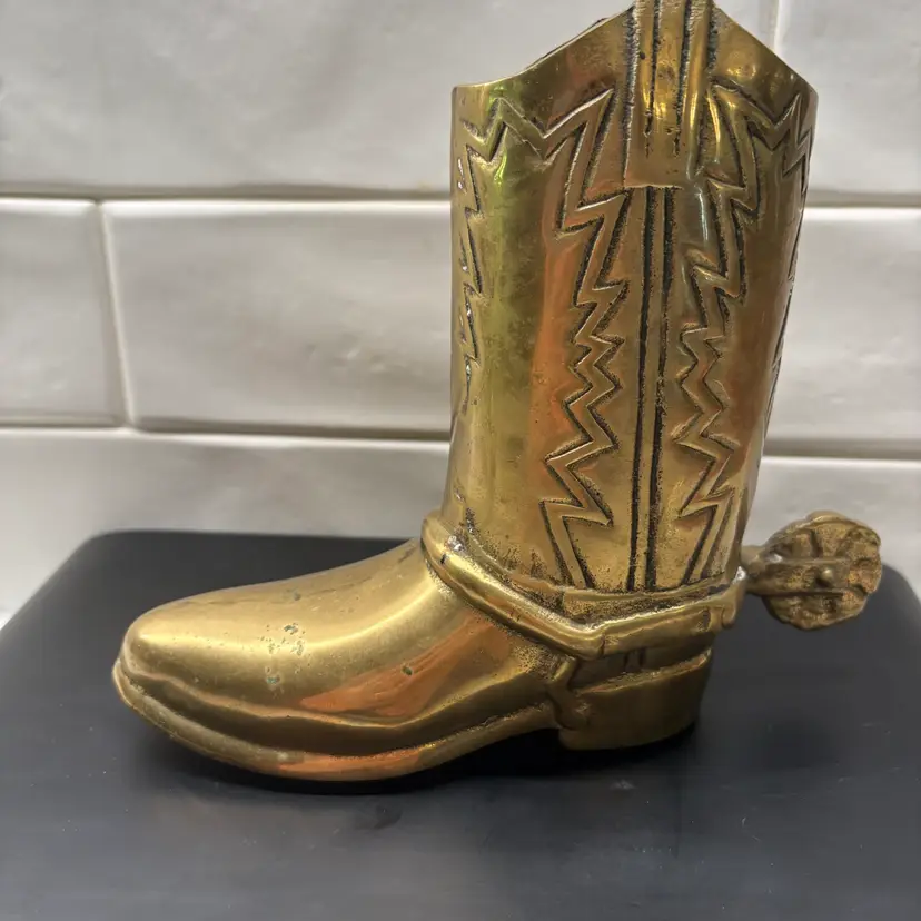 Vintage Solid Brass Cowboy Boot Figurine with Spur Western Decor Made in Taiwan