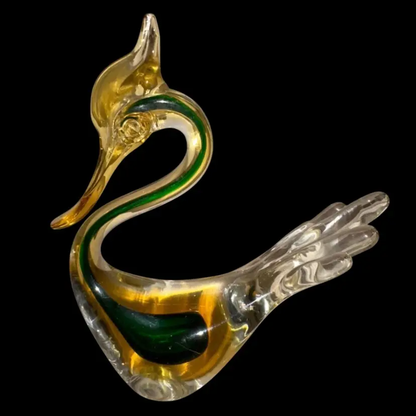 Murano Venetian Sommerso Bird Green, Amber & Clear 6.5” Tall X 6” X 2 1/4” UV Reactive