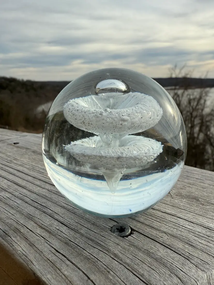 10 Art Glass Paperweight - White Speckled Double Vortex Design