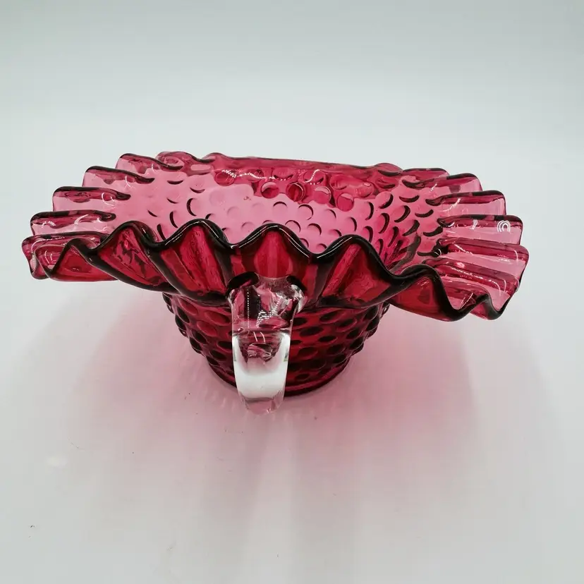 Fenton Art Glass Hobnail CRANBERRY RUFFLED Bowl With Handle Pitcher 4”h