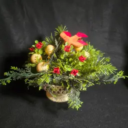 Vintage Mid-Century Flocked Bird & Faux Floral Centerpiece in Cream Lattice Bowl – Made in W. Germany