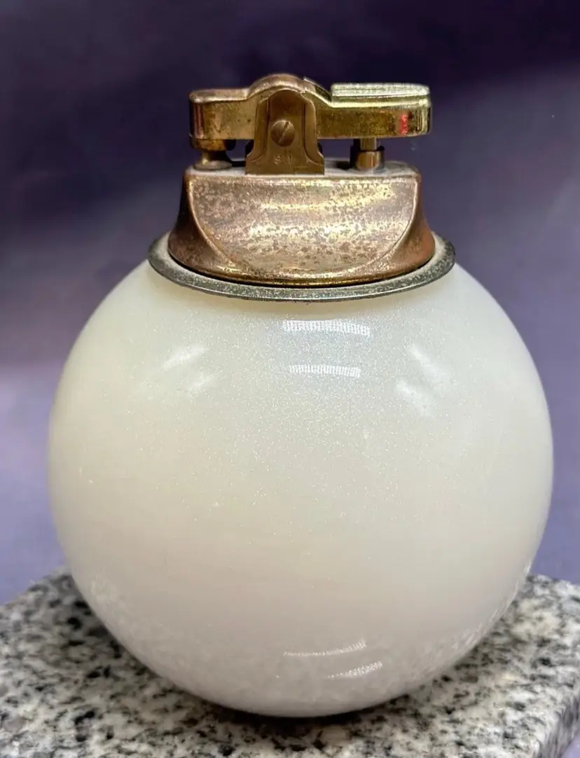 Vintage Alabaster Made In Italy Round Lighter White Brass Top Paperweight Shelf