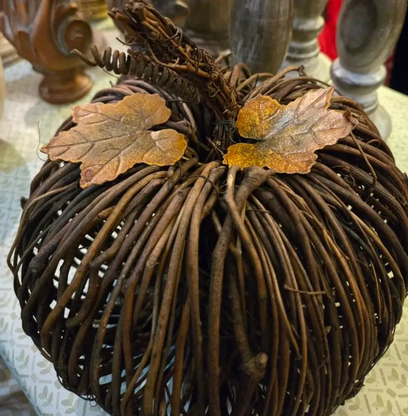 Large Rustic Stick Pumpkin With Metal Leaves