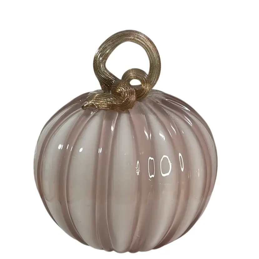 Pink and White Cased Blown Glass Pumpkin 7โ x 8โ