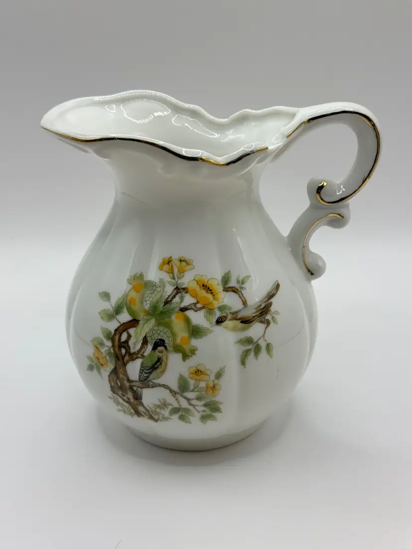 Vintage Pitcher Milk Jug Creamer Porcelain Floral Pitcher With Gold Trim, Hand-Painted Yellow Flowers & Birds Design, By Norleans, Made In Japan, MPN 9725