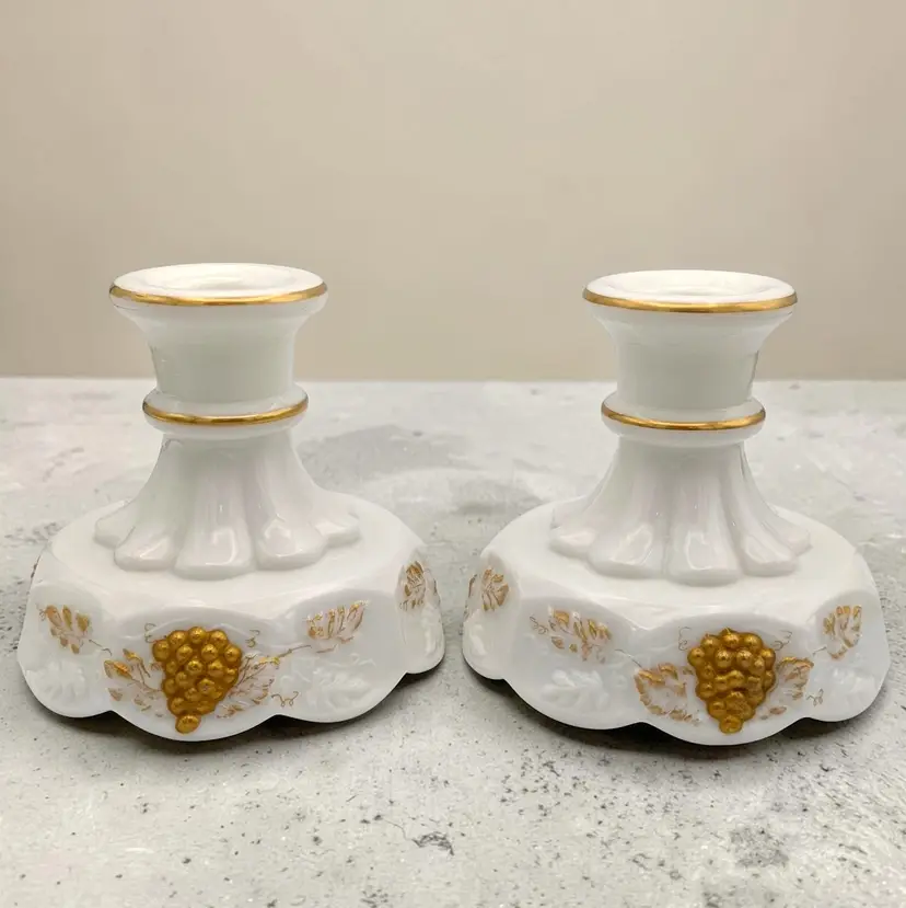 Westmoreland Milk Glass Paneled Grape Skirted Gold Accents Candle Holders Pair