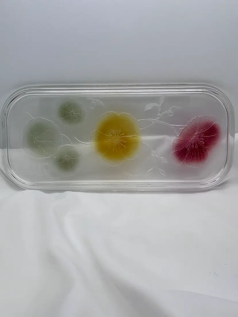 #2027B Large Vintage French Refrigerator Box Lid or Tray. Clear Glass with Raised & Colored Flowers