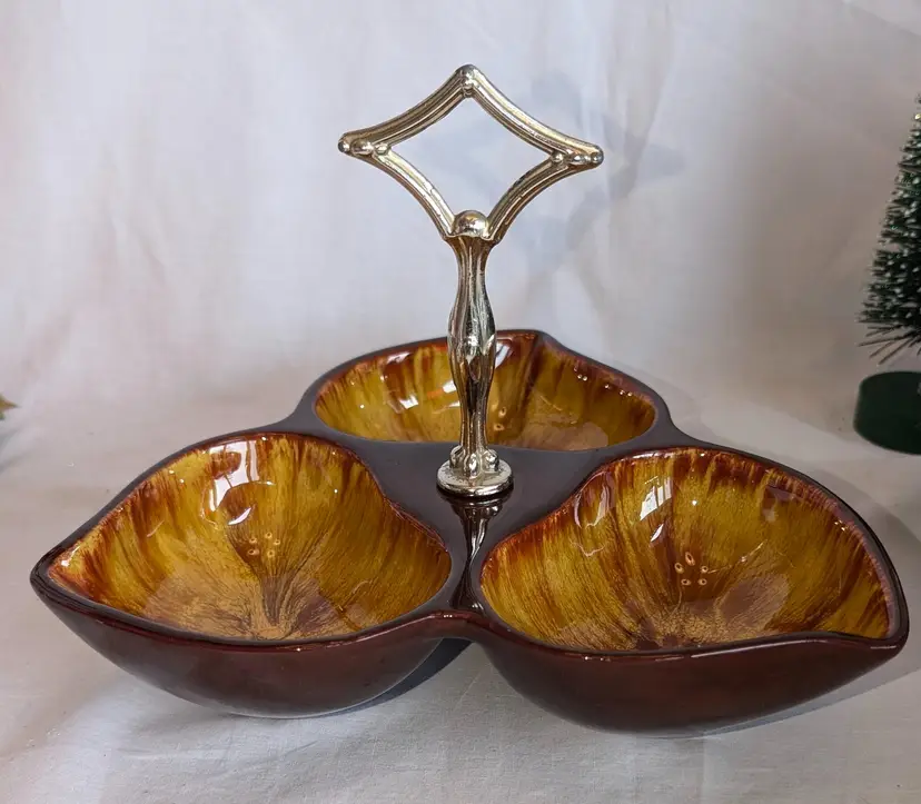 3 Section Handled Nut Candy Dish Retro Redware Pottery Brown Yellow Drip Glaze