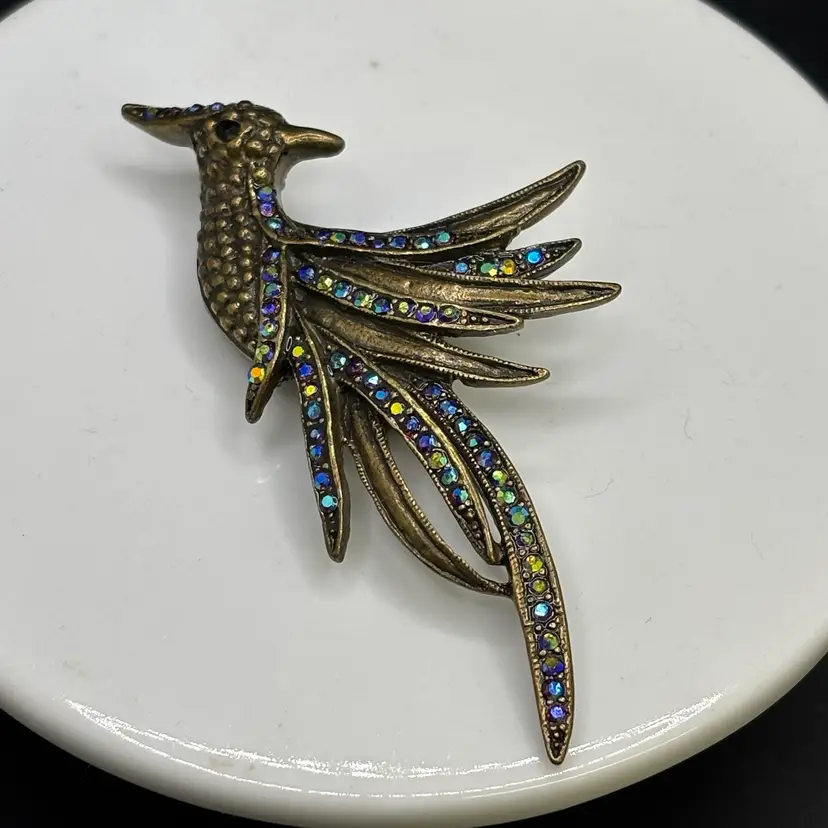 Bronze Tone Bird Of Paradise with Stones Brooch & Pendant 3”