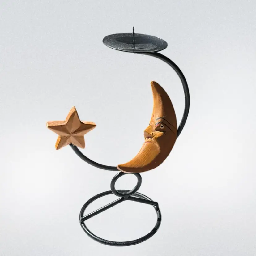 8.5” Moon And Star Folk Art Candleholder