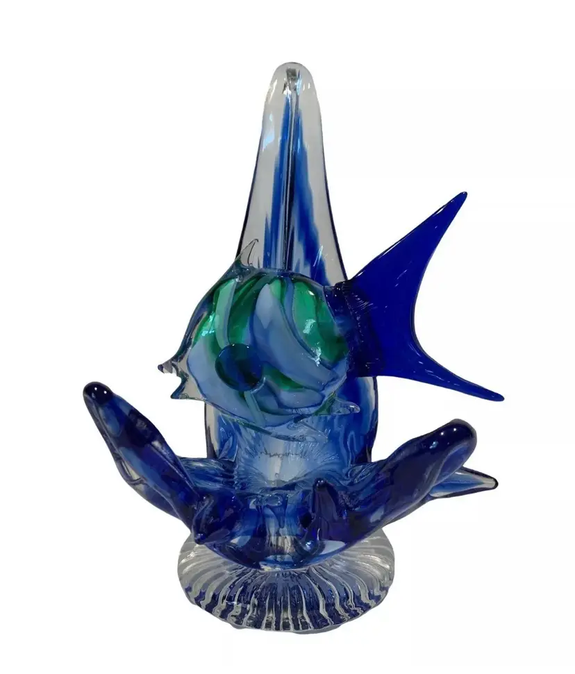 Art Glass Angel Fish Waves Blue Green Statue on Pedestal