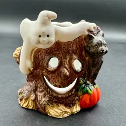 #02 - Spooky Sweet Porcelain Hand Painted Halloween Tree Trunk Votive Holder Ghost Witchy Pumpkin Accent 4”T 3”W 1998