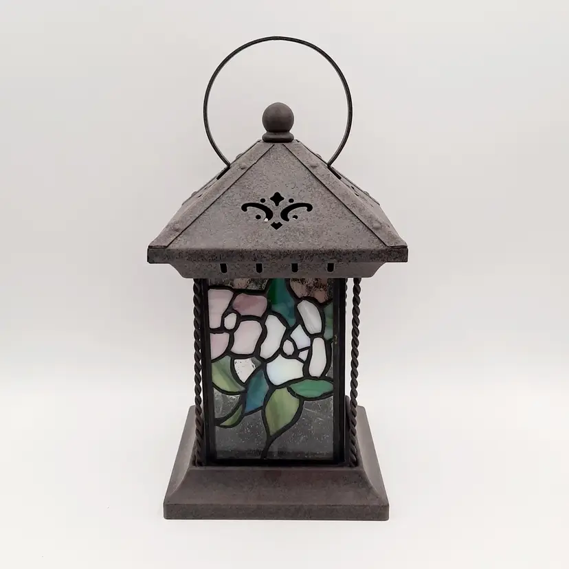 Pink & Green Floral Stained Glass and Metal Lantern Candle Holder