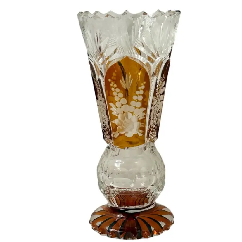 Bohemian Crystal 7β Vase Amber Cut To Clear Floral *Read*