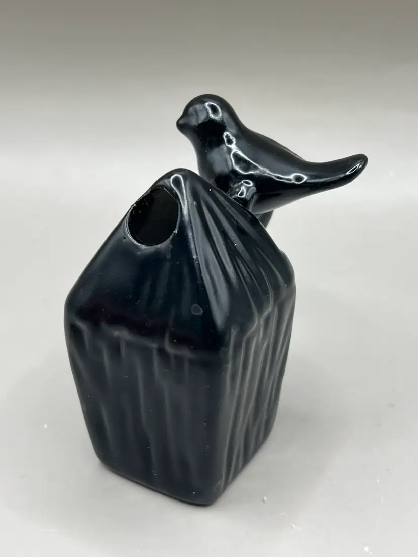 Small Ceramic Incense Burner With Perched Bird Black Glaze 3”