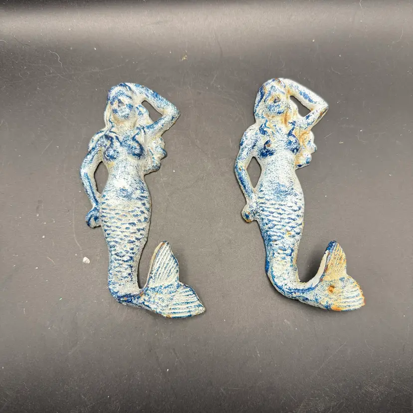 Pair Of Vintage Cast Iron Mermaid Wall Hooks