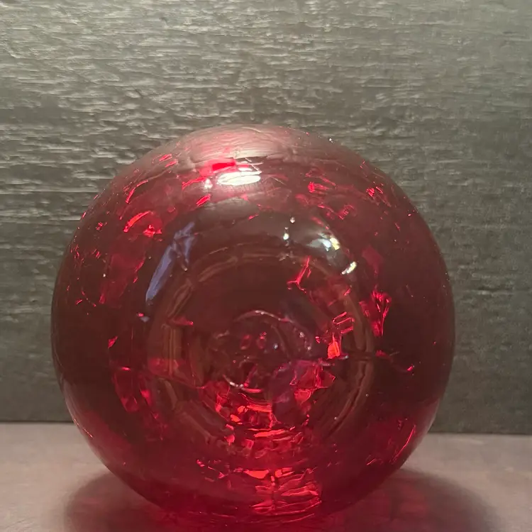 Vintage Mid-Century 5” Ruby Red Crackle Glass Vase – Hand Blown with Applied Clear Rigaree