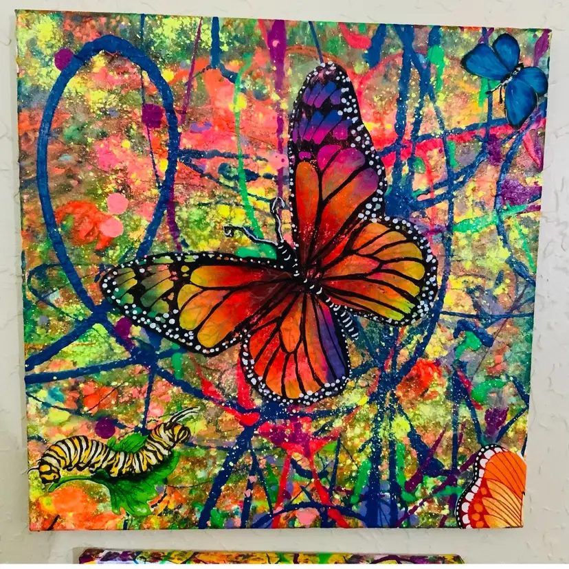 Colorful Original Glowy UV Reactive Art Inspired By Monarch Butterflies 🦋 And Friends 14” By 14” Study 4