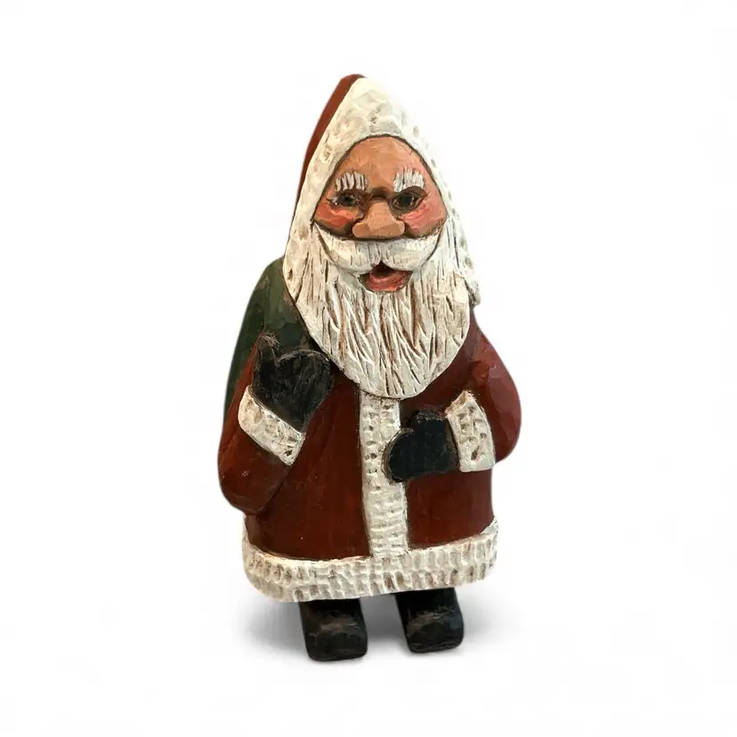 Vintage Hand Painted And Signed Wood Carved Santa Figurine
