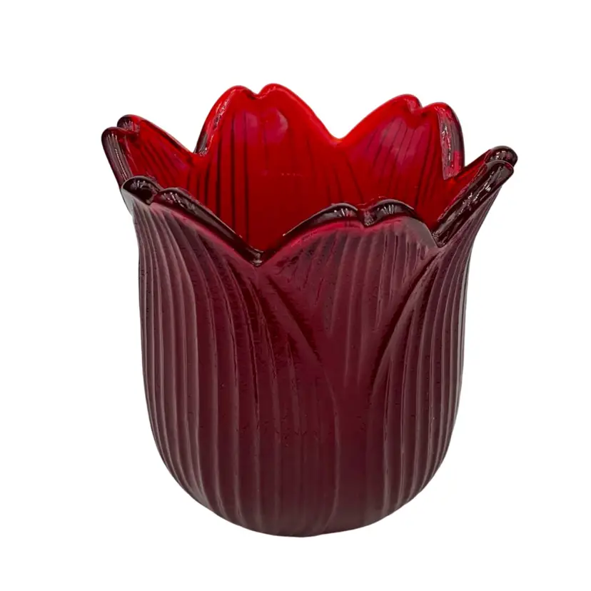 Vintage Ruby Red Tulip Leaf Votive Candle Holder, Notched Tips, Made in Japan