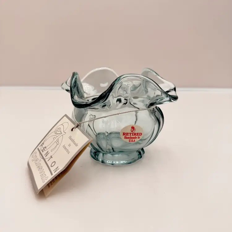 Fenton Retired Blue Opalescent Ruffle Top Bowl Vase