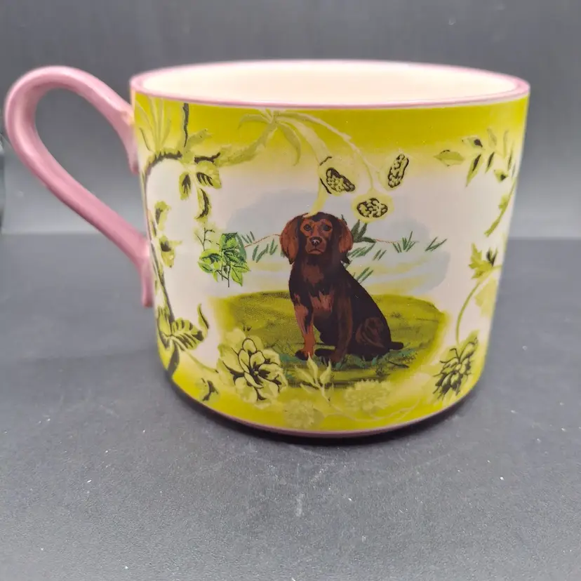 Portobello Stoneware Mug Anthropologie Pointer Dog & Yellow Floral Motif