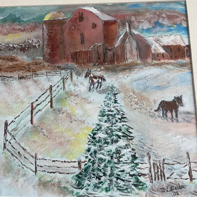 Winter  farm scene by M. L. Welker Signed 2002- In Wood Frame 18 X 22“ —-12 X 15 1/2 Acrylic On Canvas