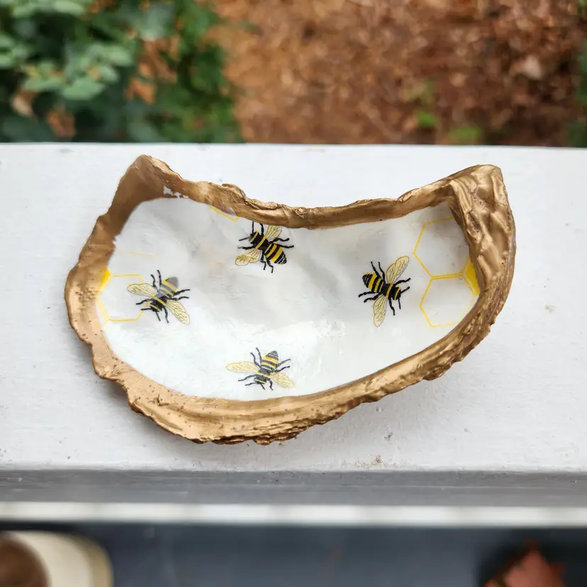 Bee Themed Hand Painted Oyster Shell