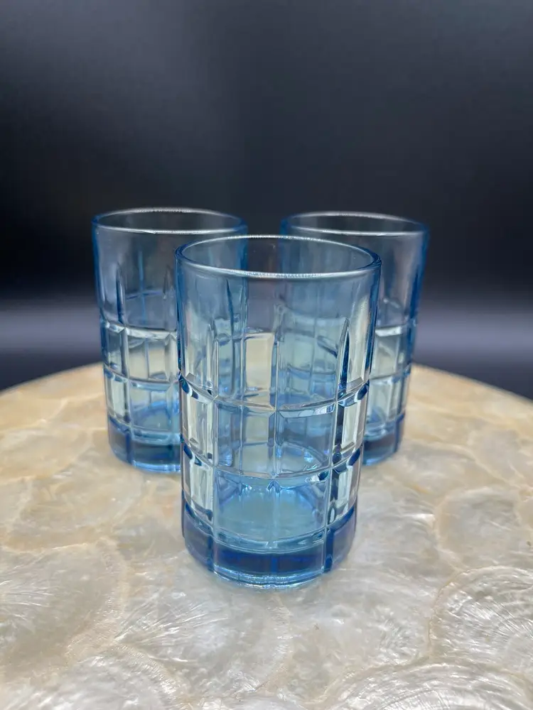 Trio Of Blue Anchor Hocking Glass Tartan Juice Glasses 4”