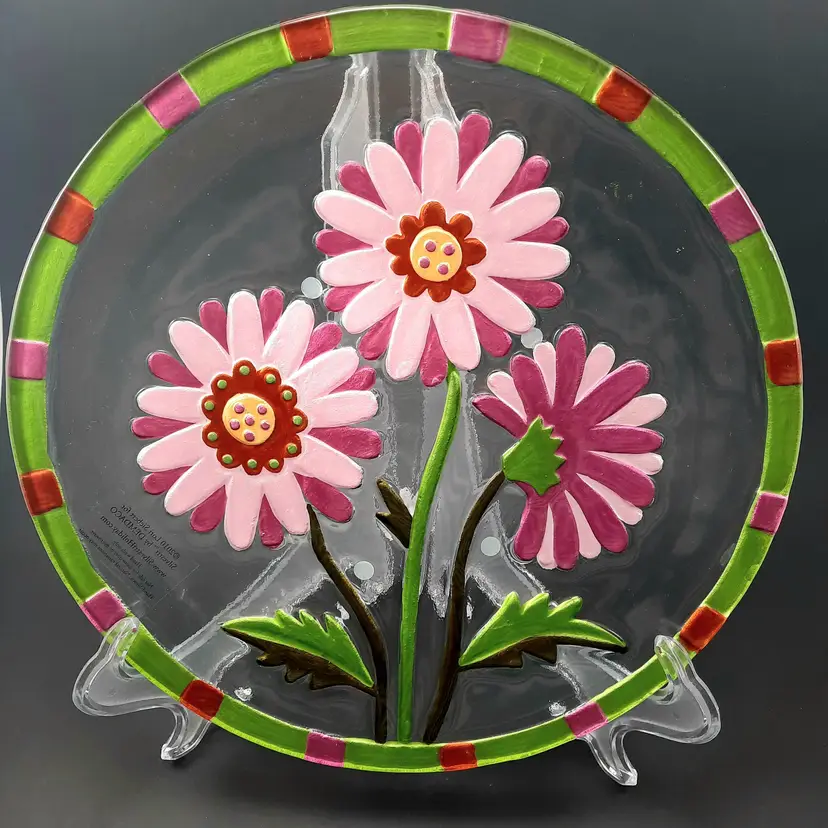 Fused Glass Plate Pink Green Flowers Floral Lori Siebert for Silvestri 2010