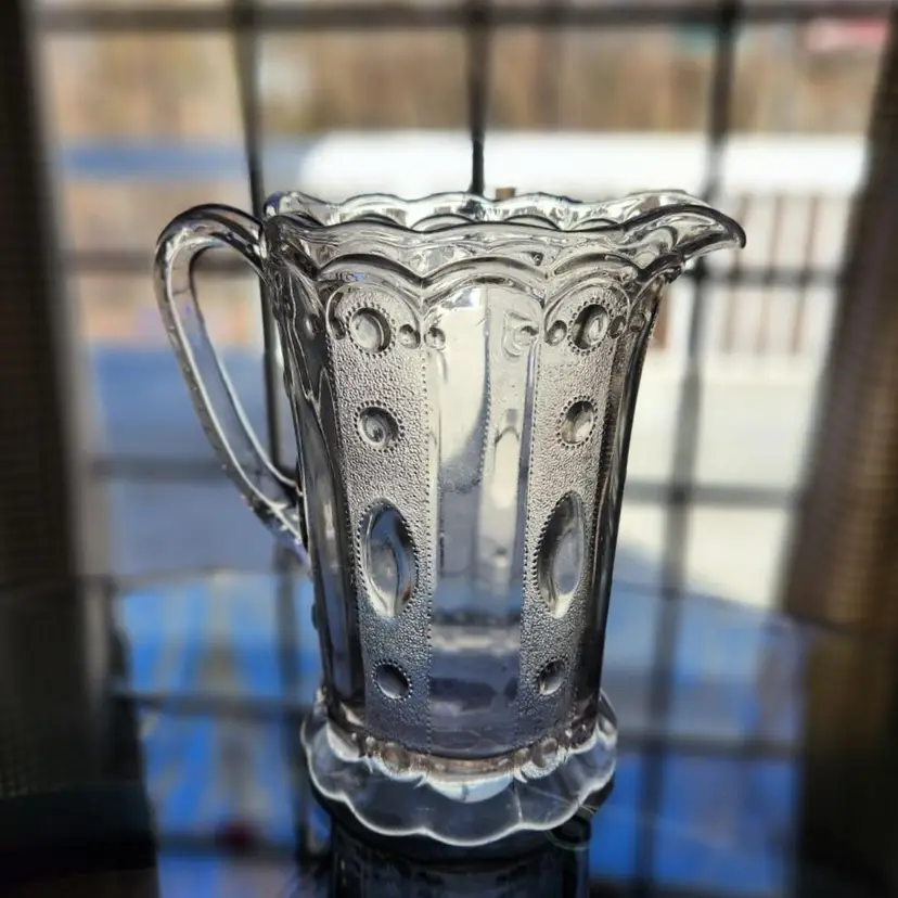 Antique US Glass EAPG Milk Pitcher Kansas Pattern Jewel & Dewdrop  1901 Antique Vase Farmhouse Decor As FOUND