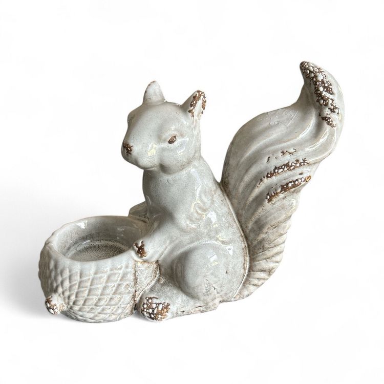 Decorative White Chippy Squirrel Ceramic Figurine Candle Holder Or Trinket Dish
