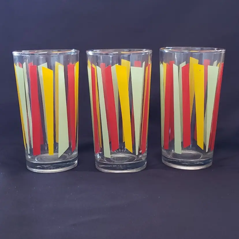 Highball Drinking Glasses Tumblers Tall Striped Barware Set Of 3 - MCM Vintage 