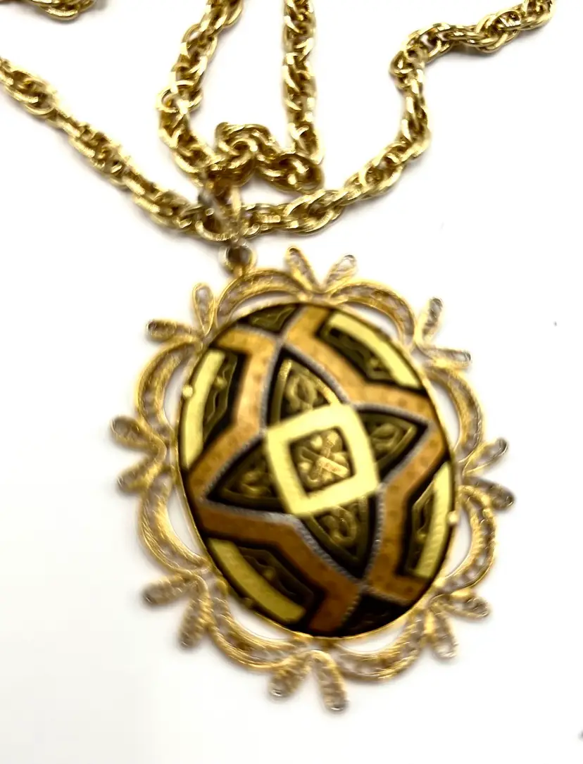 Damascene Pendant Necklace, Toledo Spain, Gold on Black Background, Vintage Pendant,Long Gold Chain