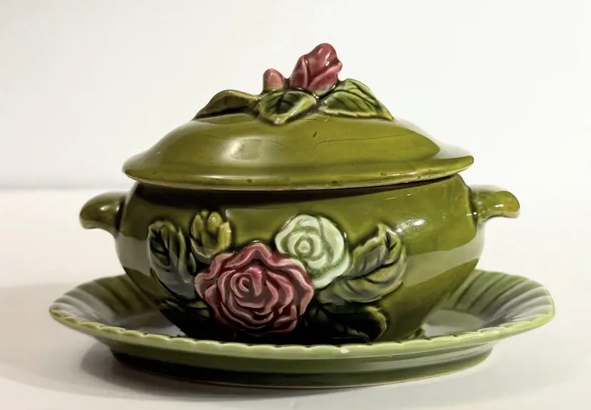 Vintage Norleans Sugar Bowl With Lid Green Pink Roses Japan w/out Spoon