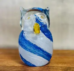 Handcrafted VTG Art Glass Owl Figurine Paperweight Blue and White Swirl