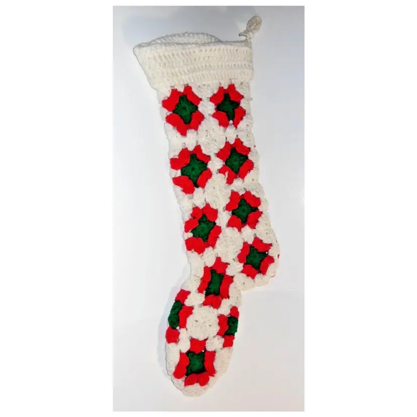 Granny Square Christmas Stocking, Vintage 28" L Hand Crocheted, Scarce Size!