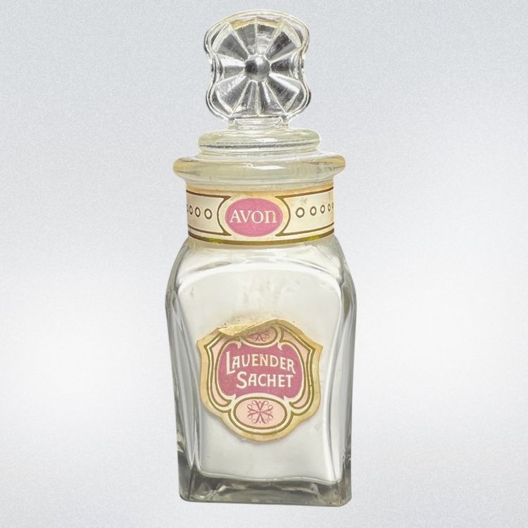 Vintage Avon ‘Lavender Sachet’ Powder In Glass Apothecary Jar. Unsealed- For Display Purposes Only. 4” x 1-1/2” x 1-1/2”