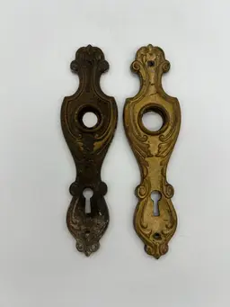 Pair Antique? Door Knob Skeleton Keyhole Back Plates Indoor And Outdoor Set Escutcheon Hardware