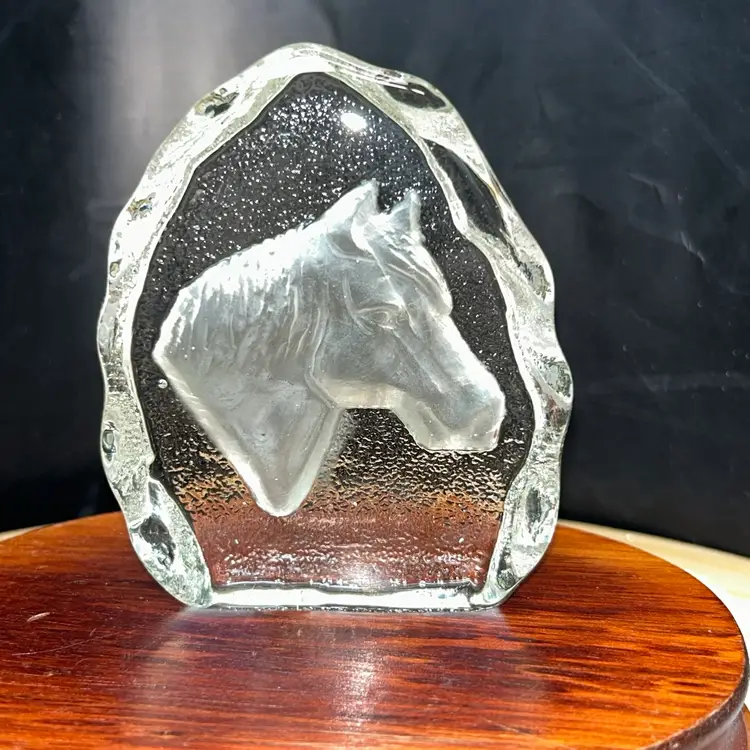 Vintage Irregular-Shaped Crystal Clear And Frosted Horse Head Paperweight