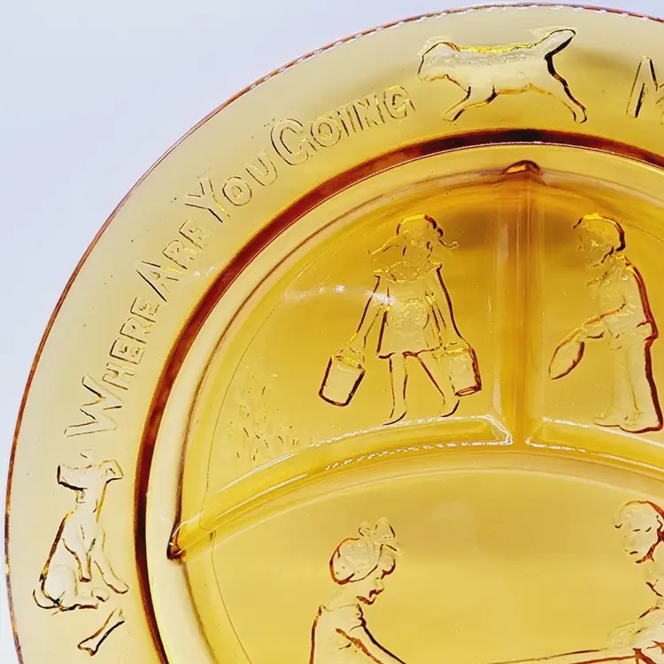 Vintage Indiana Glass Tiara Child's Divided Plate - Amber, See Saw, Margery Daw