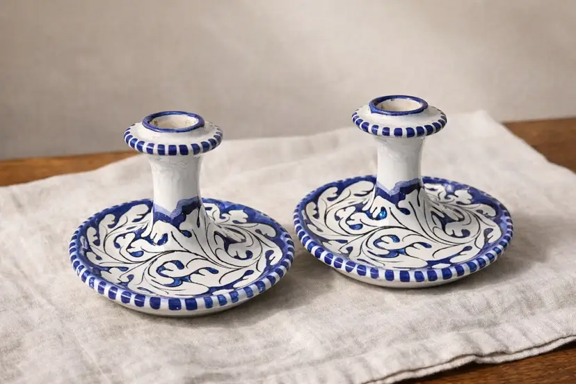 Italian Pottery Candleholders- Made in Orvieto Italy By Giacomini- Signed- 3” Tall, 4” Wide- Beautiful Blue and White