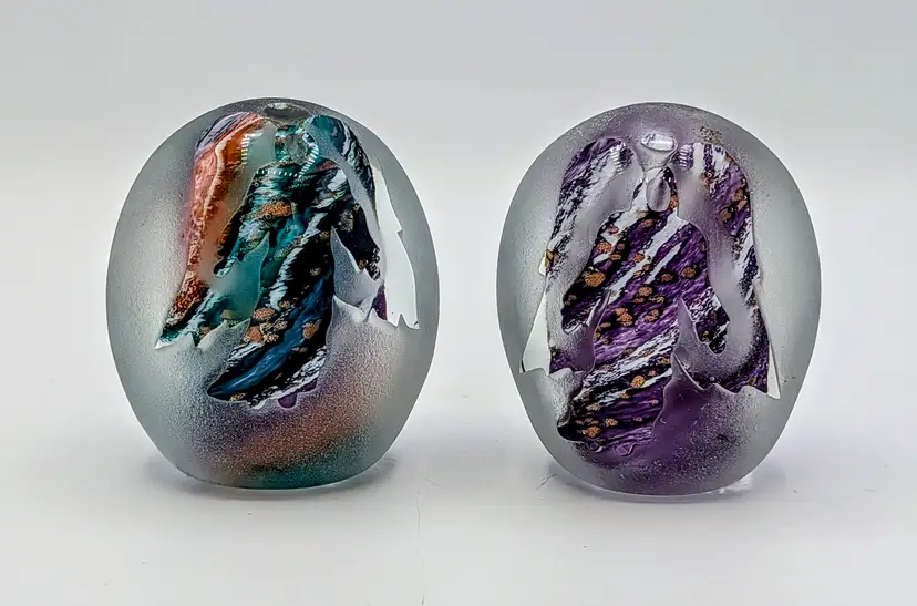 Pair Glass Dimensions Hand Made WV Etched Angel Art Glass Paperweights 3"