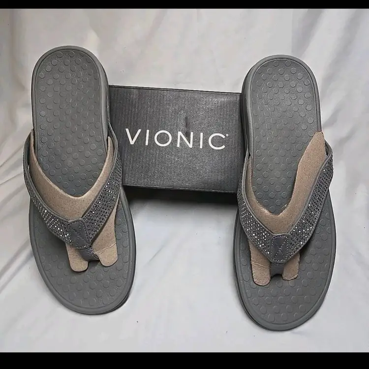 Vionic Embellished Thong Sandals Tide Rhinestone Pewter Gray Sz 11M NIB