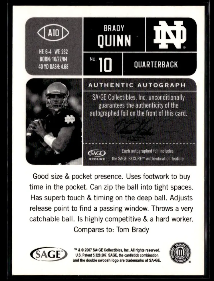 2007 Sage Hit BRADY QUINN RC Rookie Auto #A10 Notre Dame Fighting Irish
