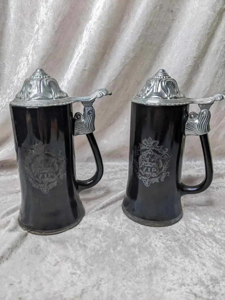 VIP Black Glass Stein Beer Set Of 2 Mug Metal Lid  Love of Maiden Poem Castlecore Hobbitcore Gothic 80s 70s a Barware Ale Tankard