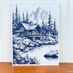 Lakeside Mountain Cabin Wall Art, Wall Art, House by the Lake, Hueforge Art Print, Textured Art